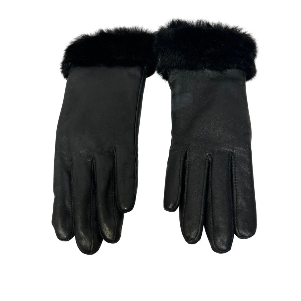 Charter Club Black Genuine Leather Gloves Faux Fur Trim Cuff Size M